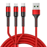 1.25m 3 In 1 USB to Dual Type-C + Micro USB Quick Charging Sync Data Cable, Output: 5A (Red)